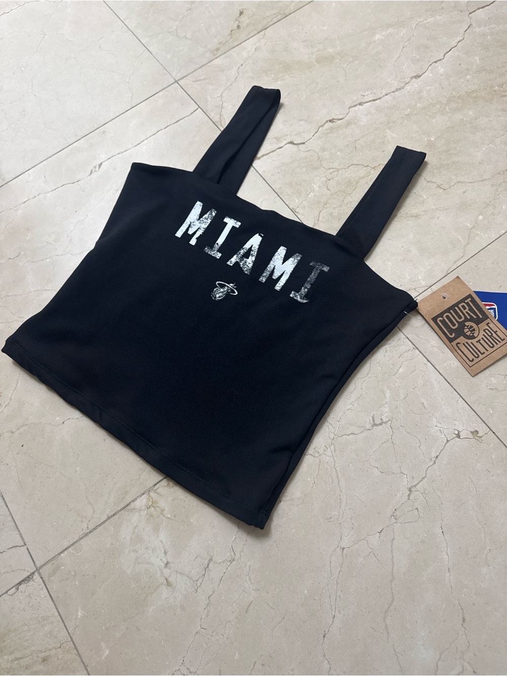 Black Miami Heat crop top with white 'MIAMI' text and logo